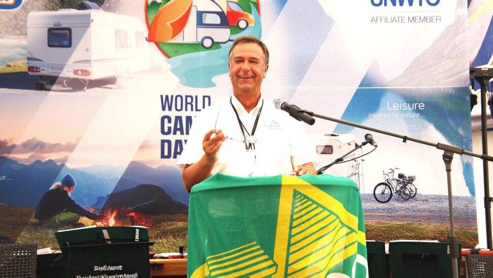 FICC President Joao Alves Pereira speaking at World Camping Day 2026 rally in Germany